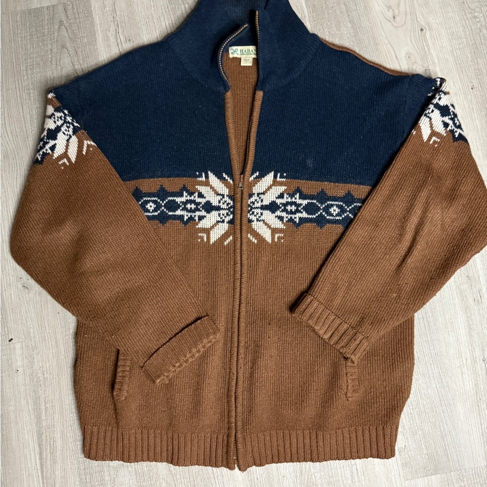 Haband Vintage Fair Isle snowflake Full Zip Grandpa Sweater  Brown